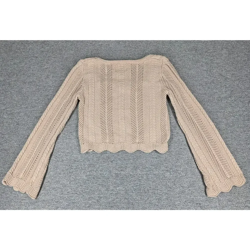 PINK ROSE WOMEN'S CROPPED KNIT SWEATER SIZE SMALL BEIGE TEXTURED CABLE OPENWORK
